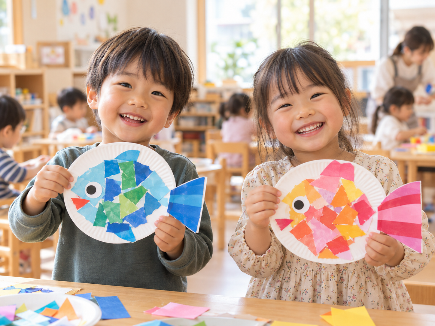 横浜　川崎　出張英語レッスン　英語クラフト教室　作品を見せる子どもたち